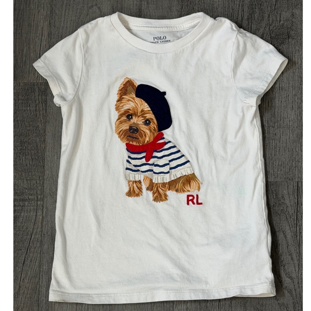 Polo Ralph Lauren Yorkie Dog Graphic Tee Shirt Girls Size 5 White Cotton Preppy